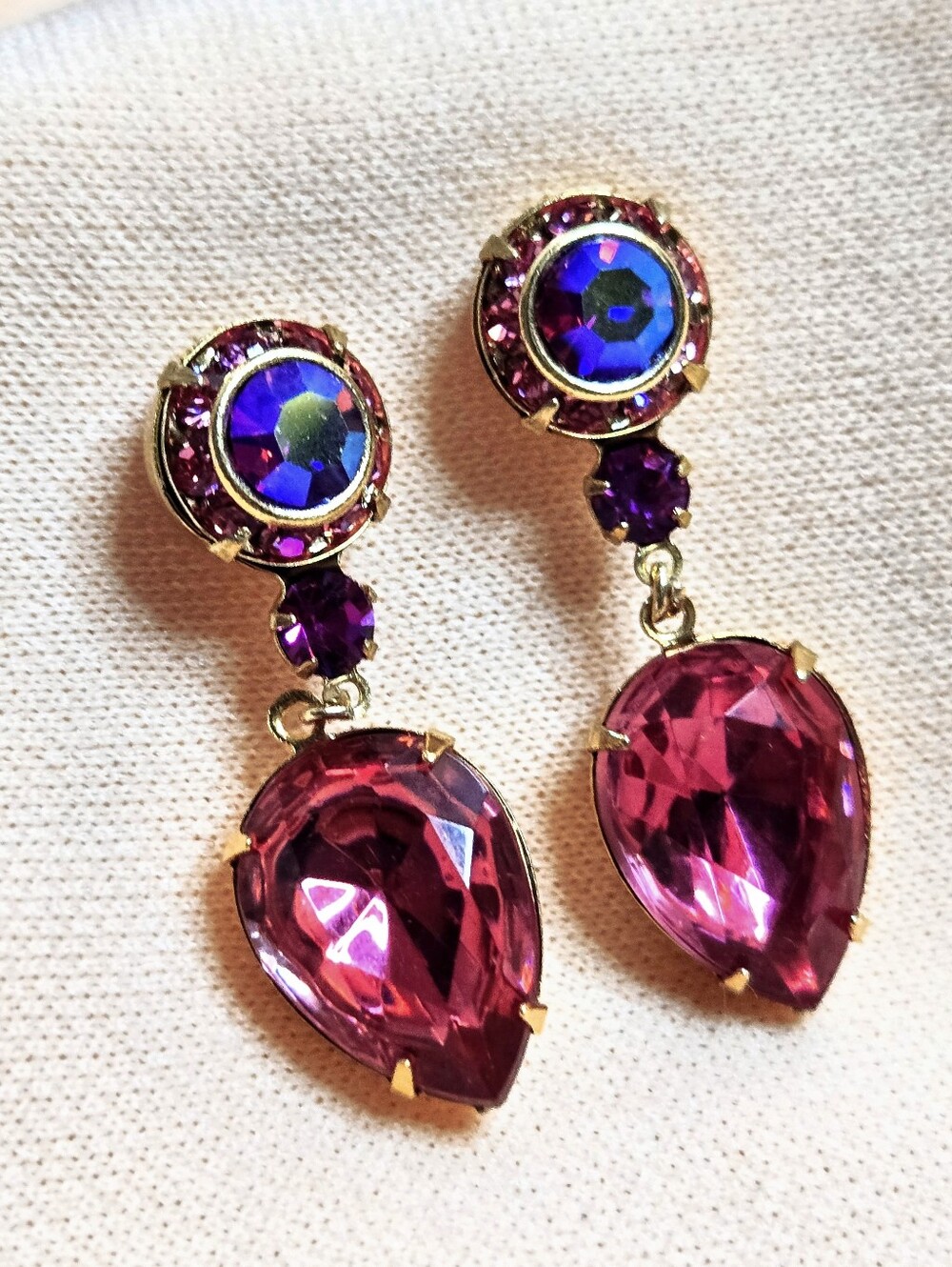 Victorian Fuchsia & Rose Swarovski Crystals In Gold Plated Earrings